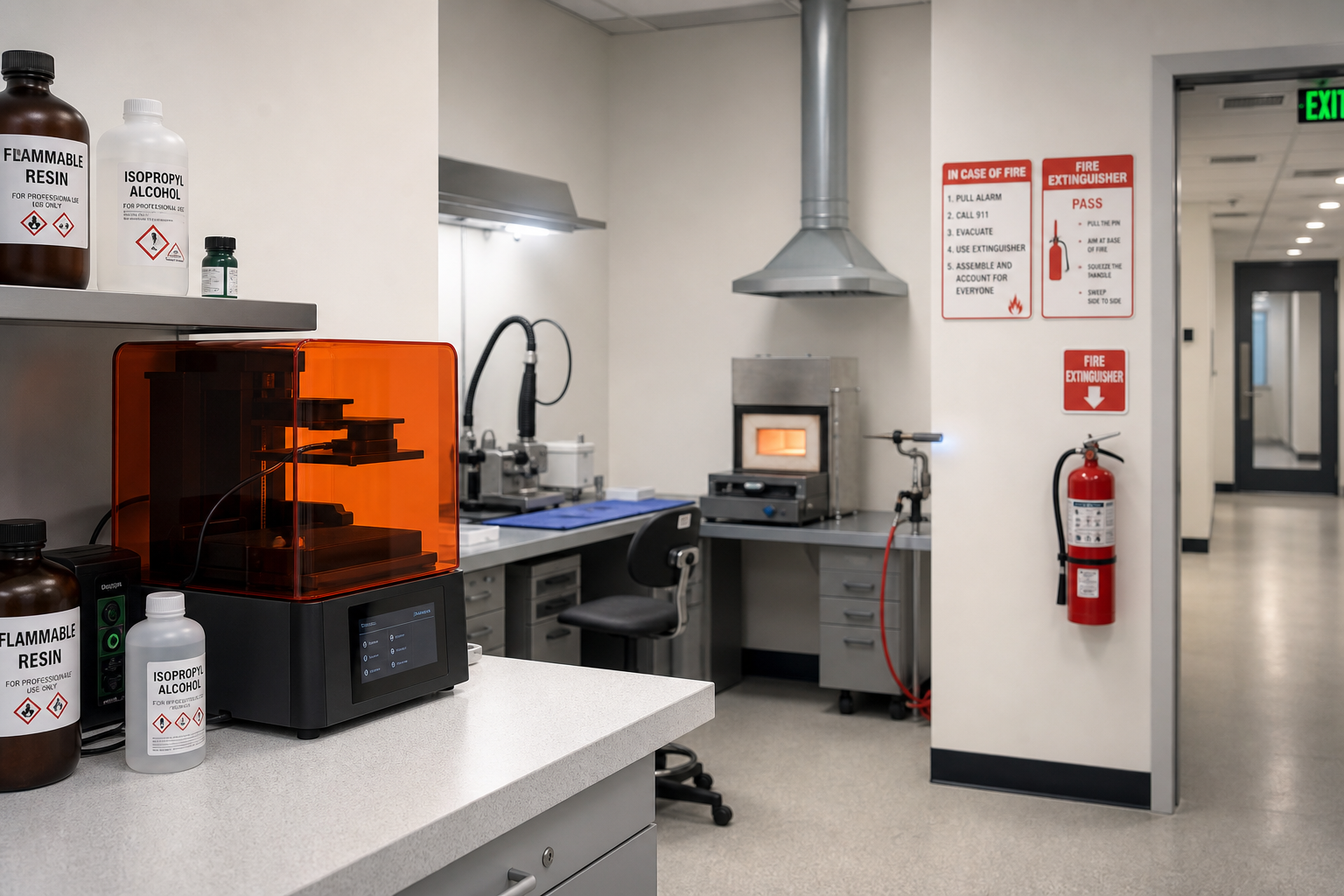 Dental lab setting 3D printer fire extinguisher