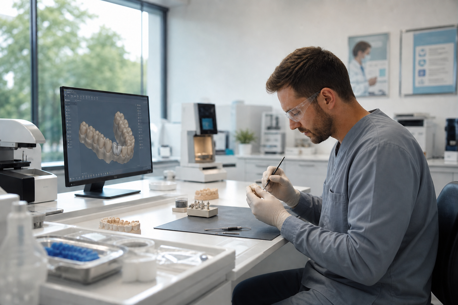 Dental lab techician working with dental impression teeth models