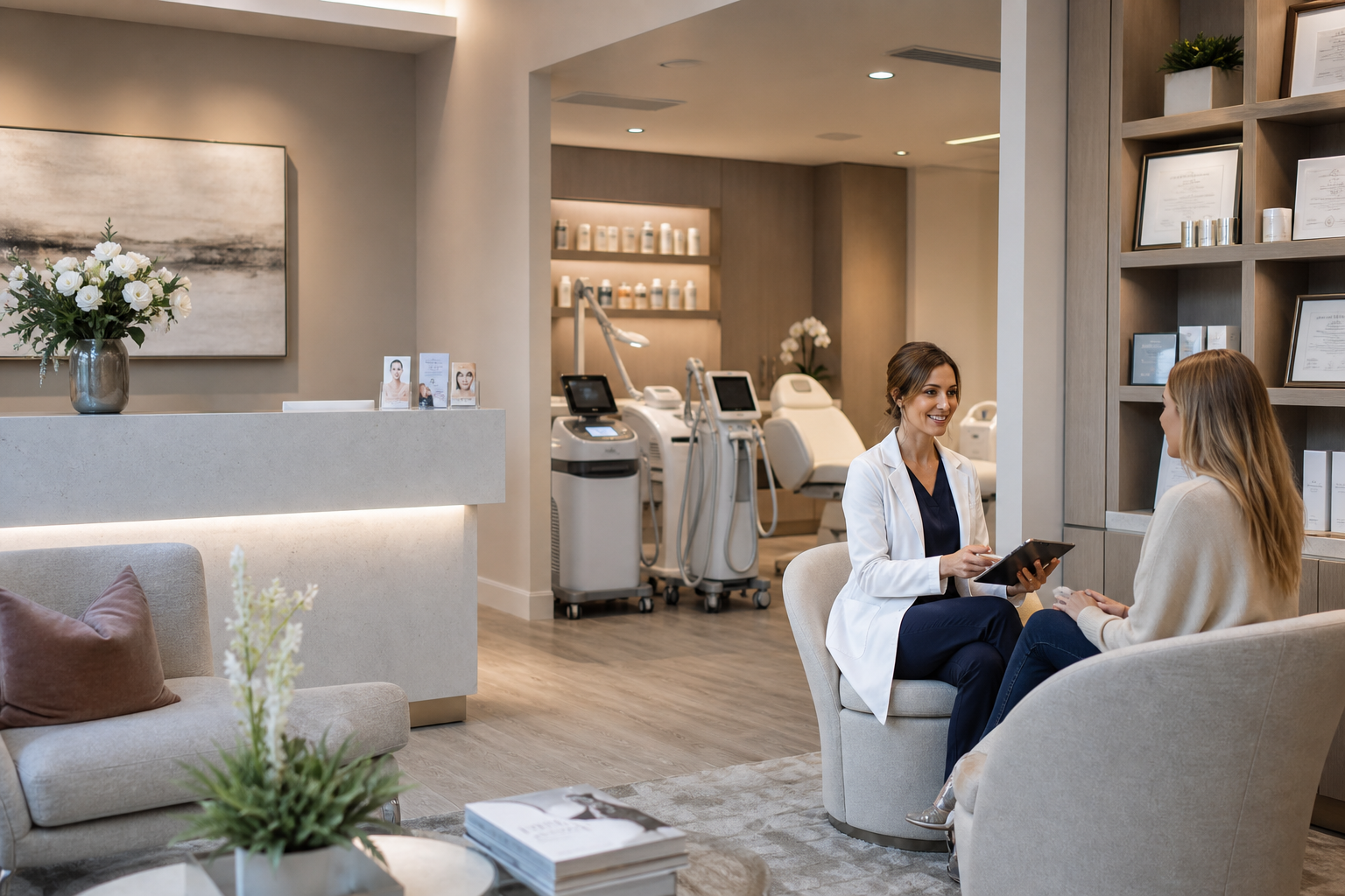 Medical spa practice clinician talking with patient