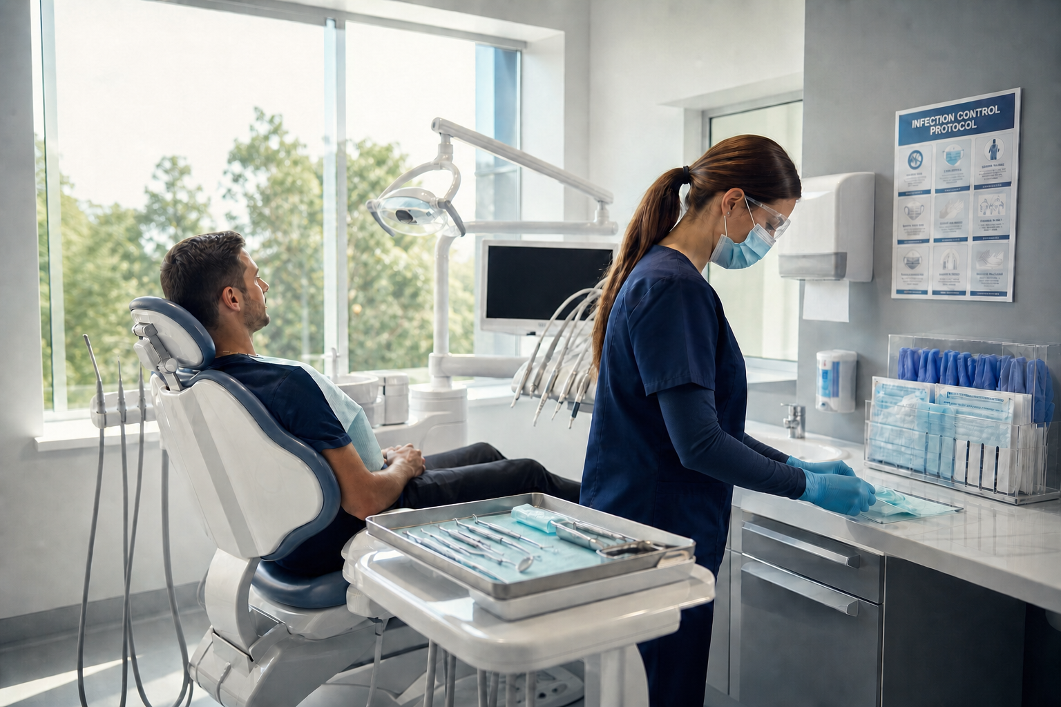 Dental assistant wearing PPE with patient in the dental chair